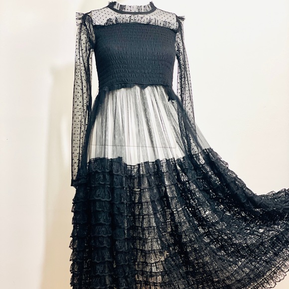 Wednesday Addams Dress | Black Sheer Lace Tiered Ruffle Dress - Picture 1 of 15